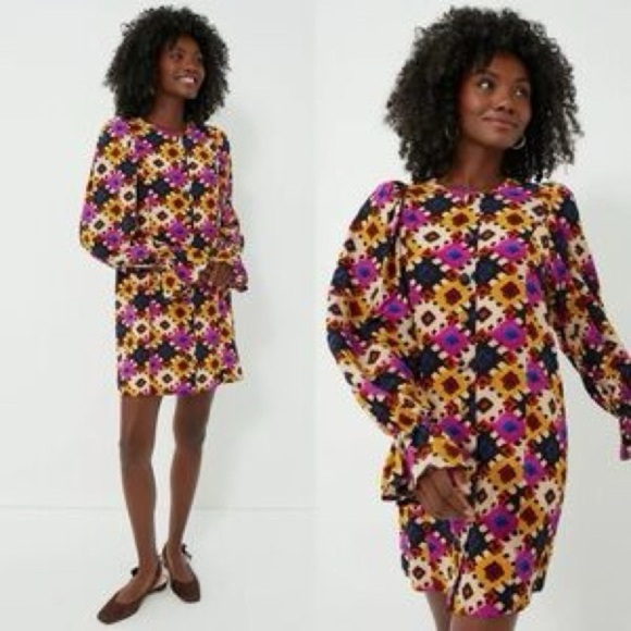 RHODE Dresses & Skirts - RHODE Nara Dress in Aquarelle Size Large Multicolor Geometric Pattern Button up